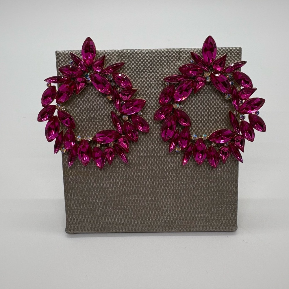Pink And AB Crystal Wreath Circle Bridal Prom Pageant Earrings in Gold Tone
